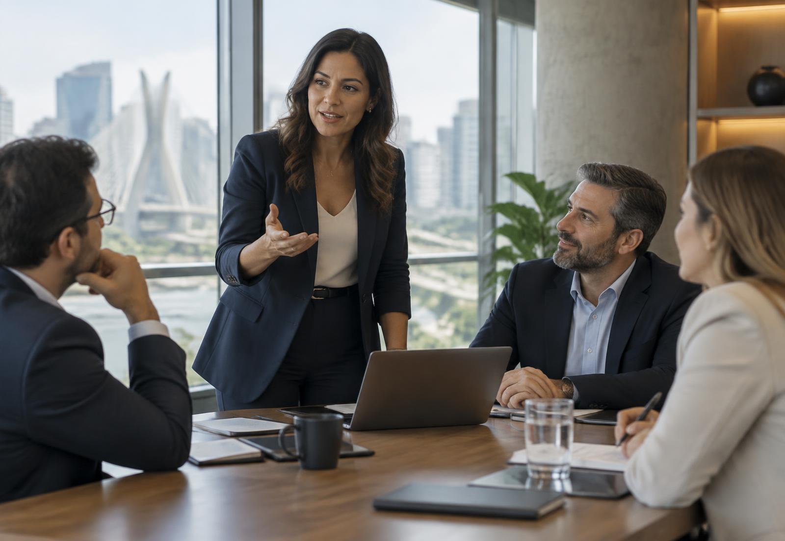 Consultor conduzindo sessão de trabalho com executivos